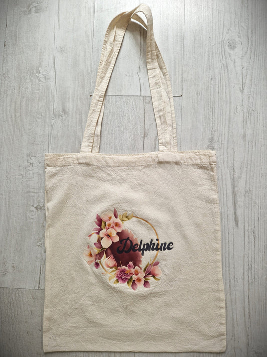 Tote bag prénom couronne fleurs coton personnalisé sac bohème Heyl’Créations