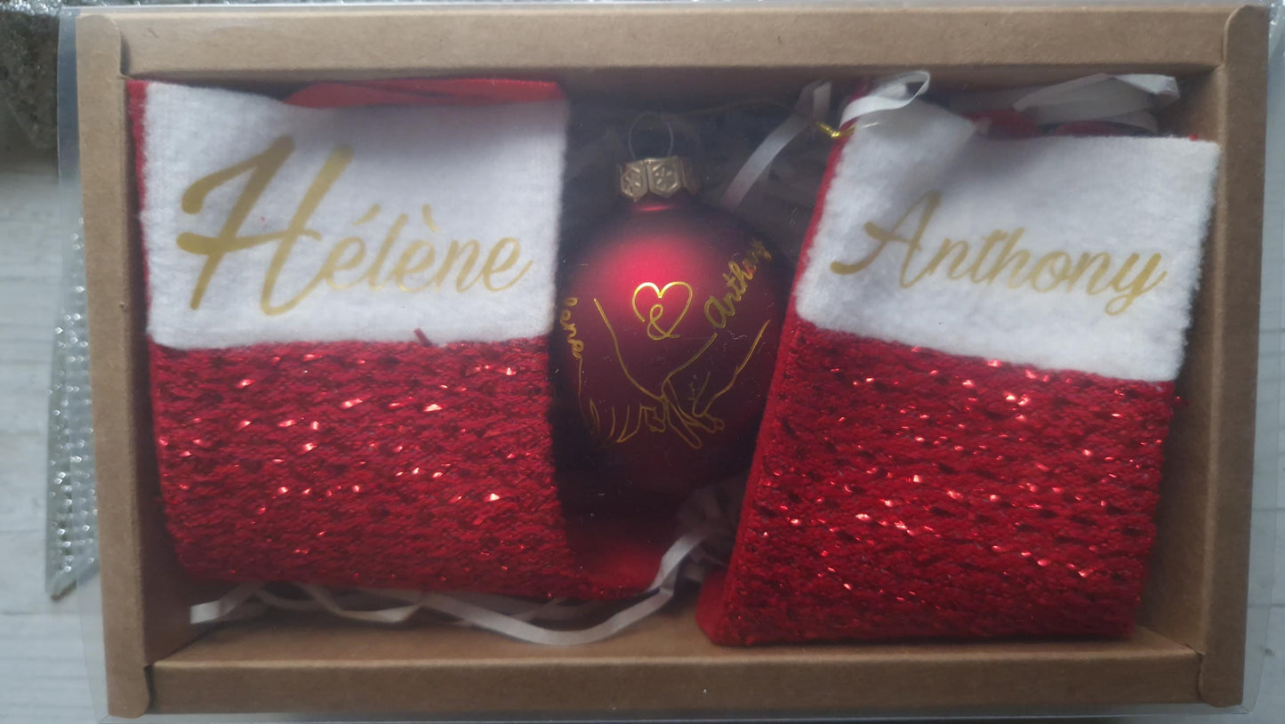 Coffret boule Noël couple personnalisé prénoms décoration sapin Heyl’Créations