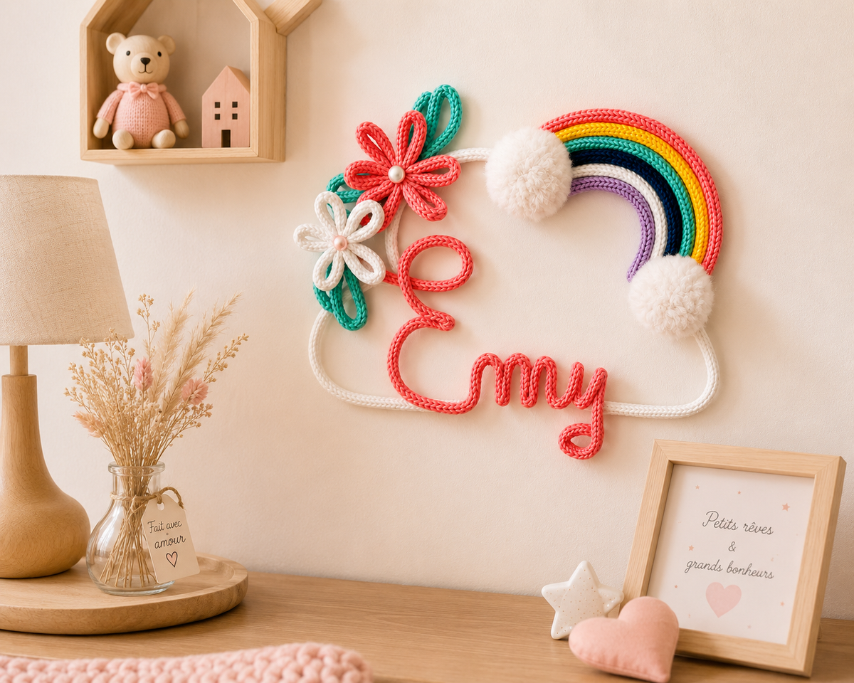 Décoration murale prénom Emy en tricotin avec arc-en-ciel dans une chambre d’enfant.