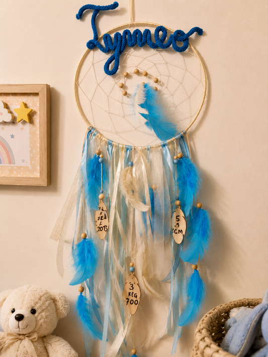 attrape rêve de naissance dans les tons beige et turquoise avec informations de naissance