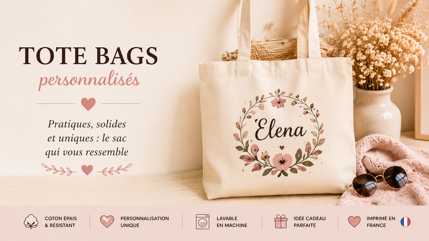 Tote bag personnalisé en tissu créé artisanalement par Heyl'Créations