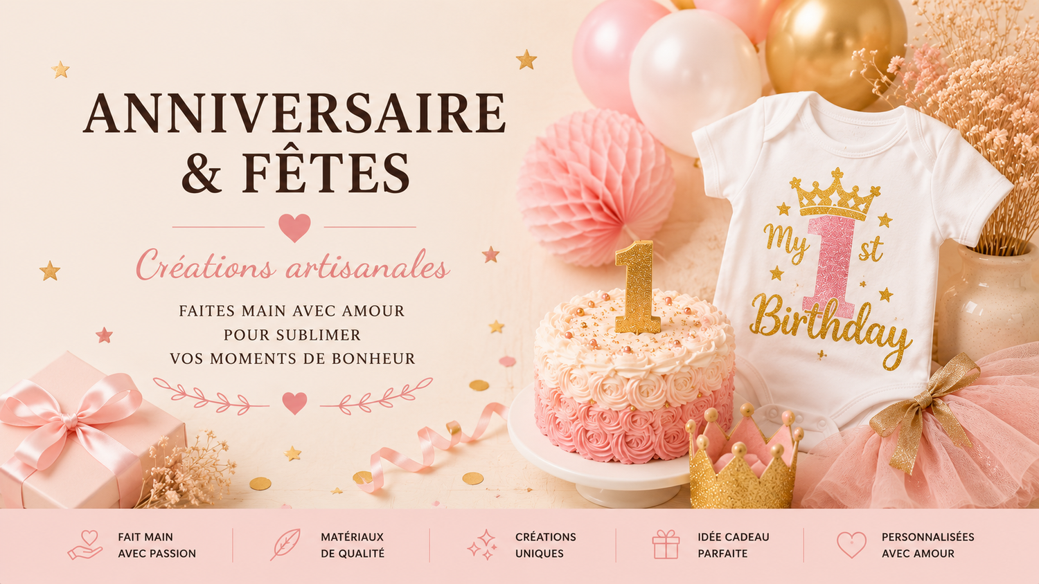 Collection Anniversaire & Fêtes Heyl'Créations avec body premier anniversaire, gâteau, ballons roses, blancs et dorés et décoration de fête.