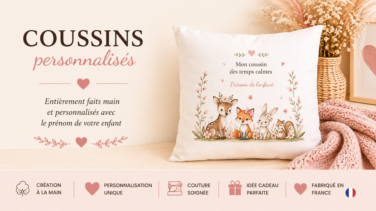 Collection de coussins personnalisés 45 x 45 cm entièrement faits main par Heyl’Créations, personnalisables avec prénom, thème et couleurs.
