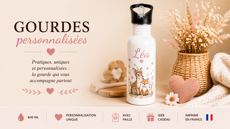 Gourde personnalisée blanche en aluminium 600 ml avec bouchon noir et paille, personnalisable avec prénom, texte, couleurs et thème au choix.