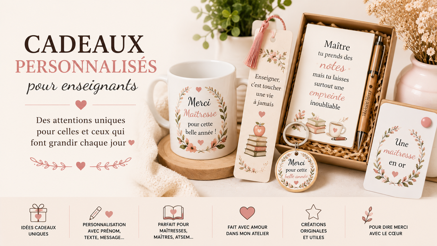 Collection de cadeaux personnalisés pour maîtresse, maître, ATSEM et nounou