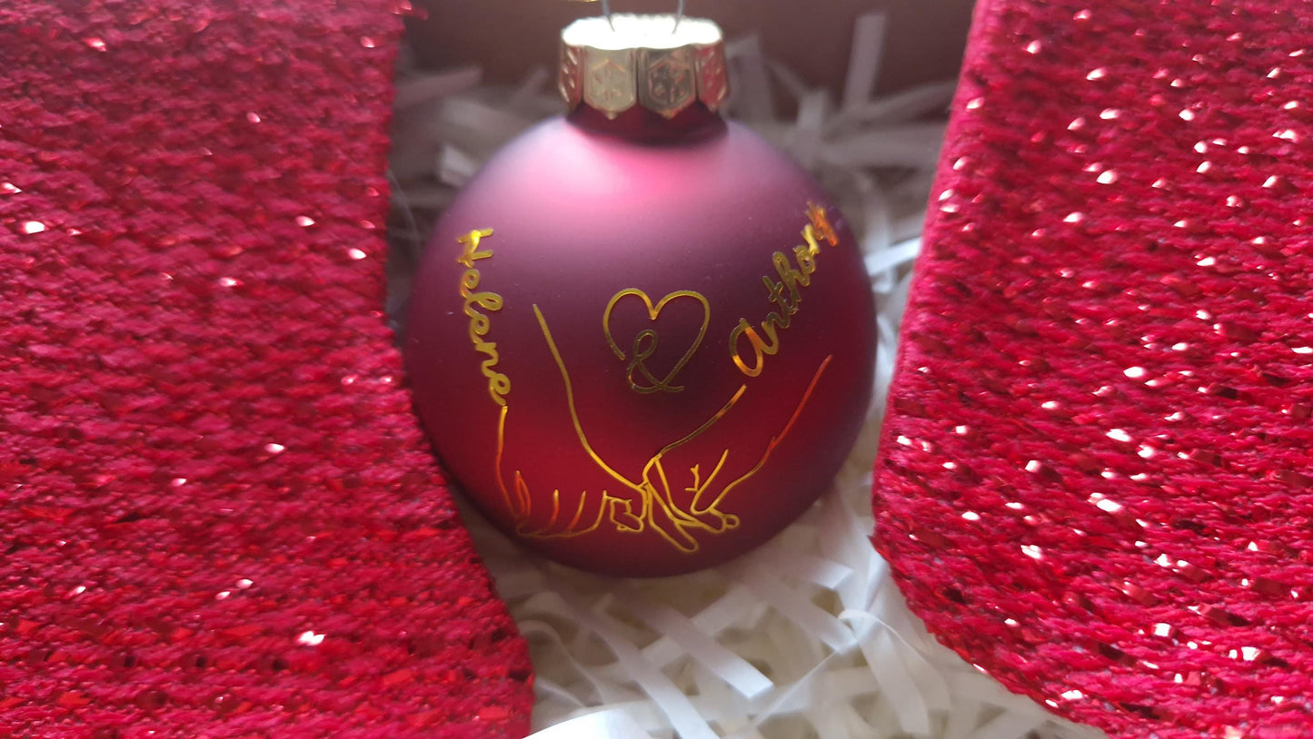 Coffret boule Noël couple personnalisé prénoms décoration sapin Heyl’Créations