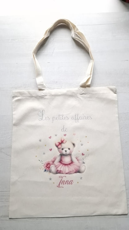 Tote bag personnalisé prénom fille ourson sac enfant coton Heyl’Créations