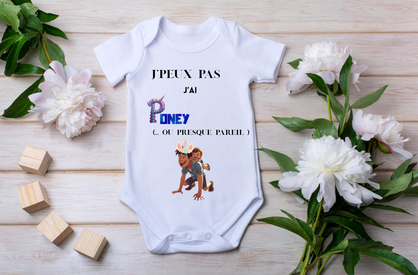 Body bébé humour poney papa personnalisé naissance Heyl’Créations