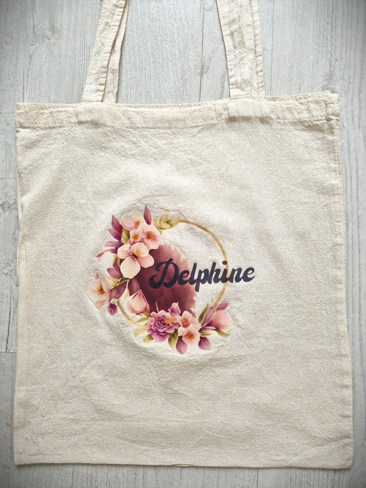 Tote bag prénom couronne fleurs coton personnalisé sac bohème Heyl’Créations