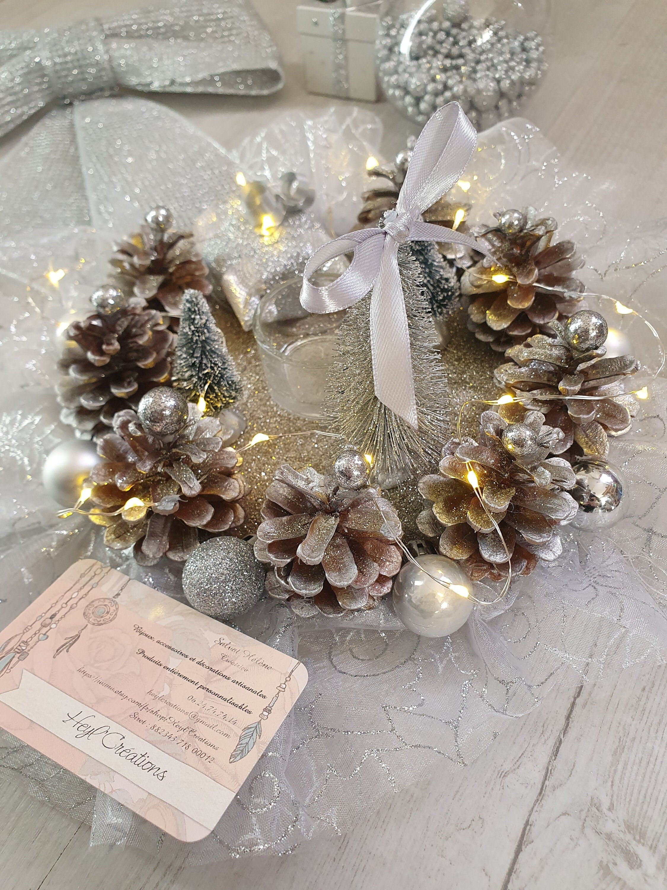 Centre de table couleur gris argenté avec guirlande Led intégrée