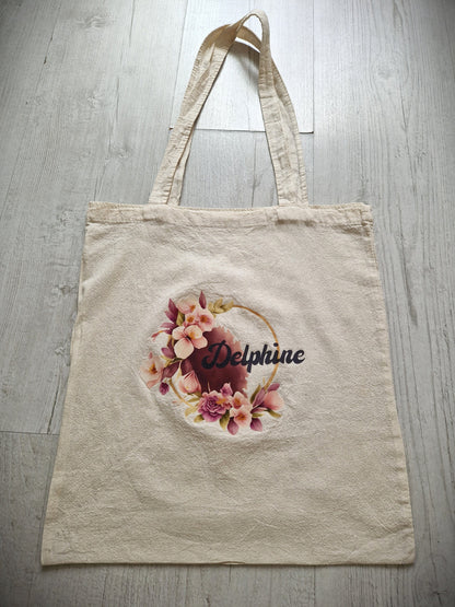 Tote bag prénom couronne fleurs coton personnalisé sac bohème Heyl’Créations
