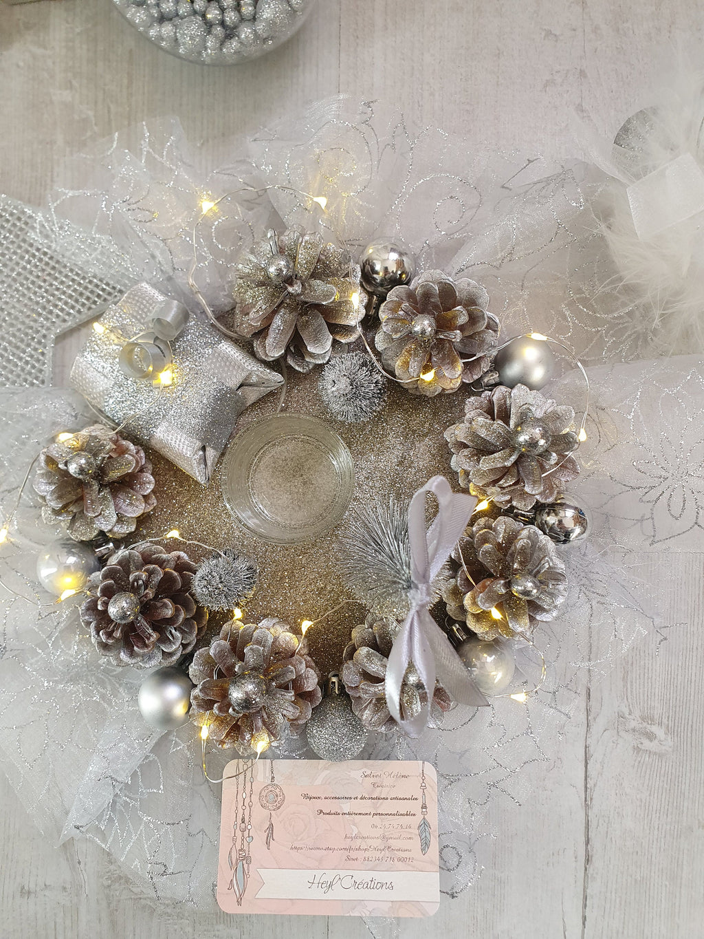 Centre de table couleur gris argenté avec guirlande Led intégrée