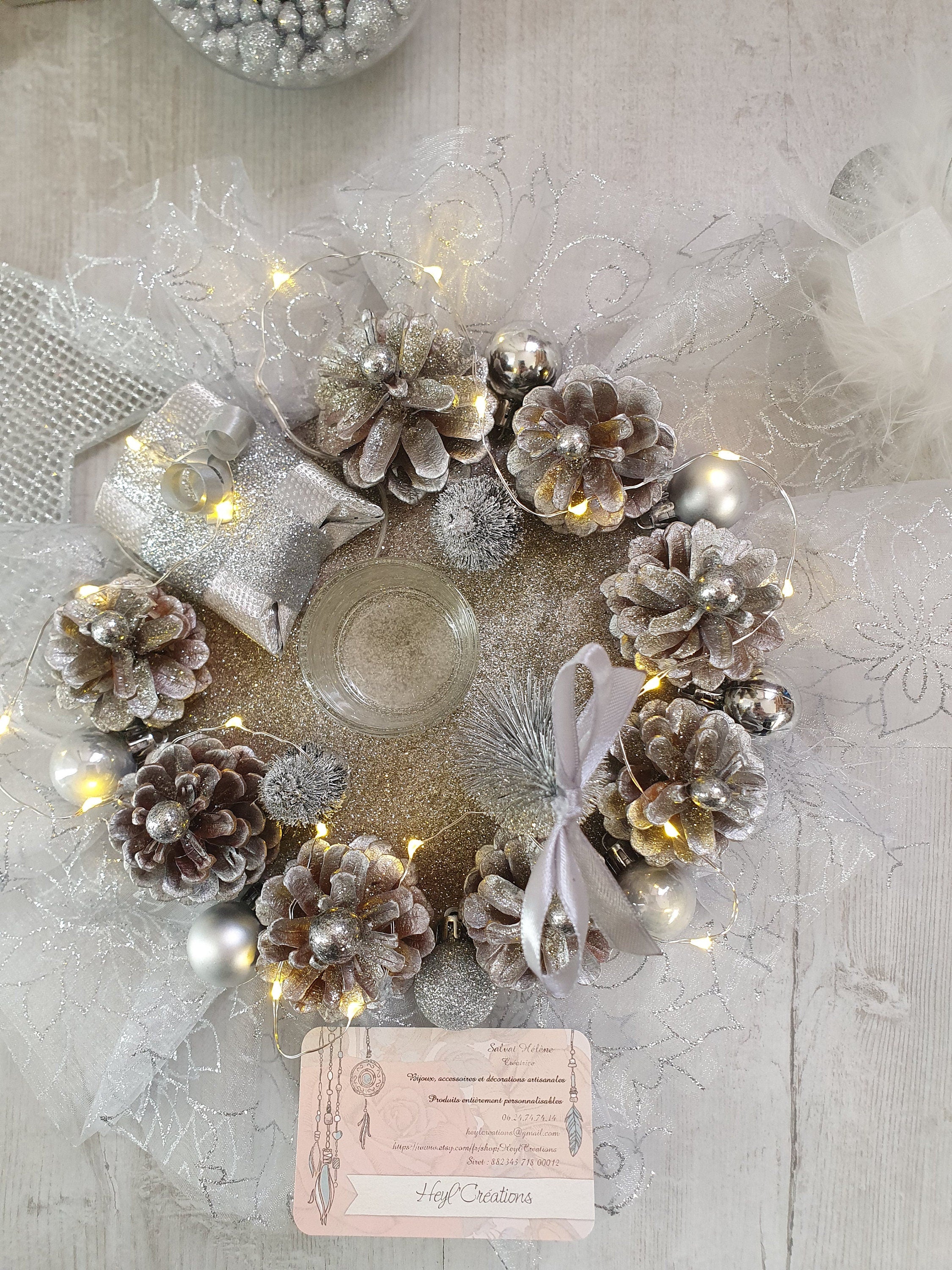 Centre de table couleur gris argenté avec guirlande Led intégrée