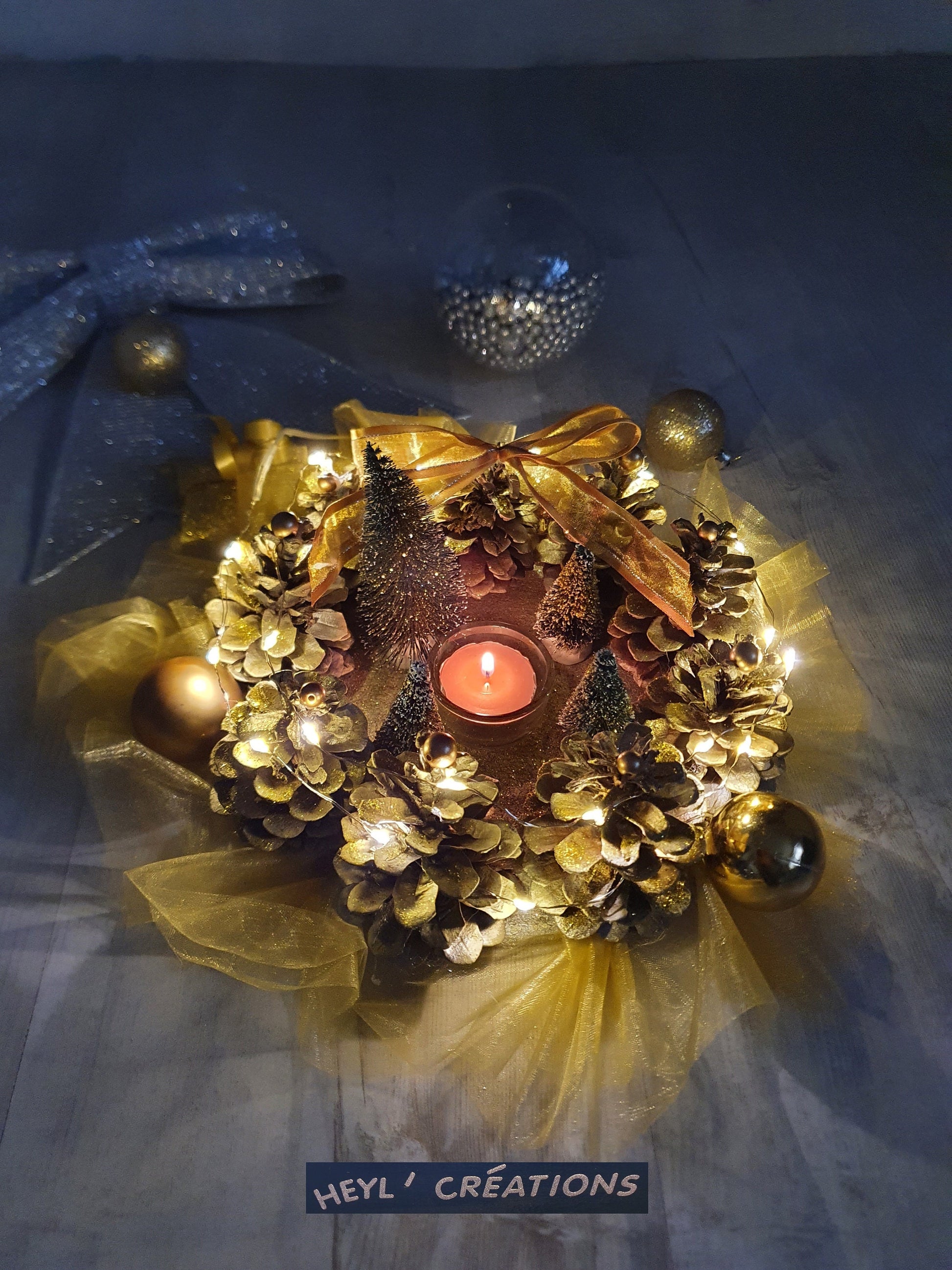 Centre de table doré LED décoration Noël festive fait main Heyl’Créations