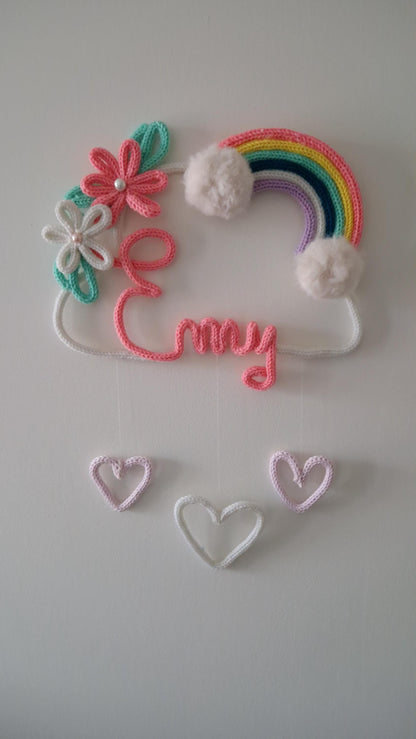 Décoration nuage prénom personnalisé tricotin chambre bébé arc-en-ciel Heyl’Créations
