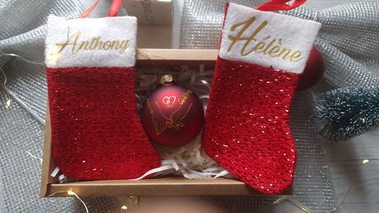 Coffret boule Noël couple personnalisé prénoms décoration sapin Heyl’Créations