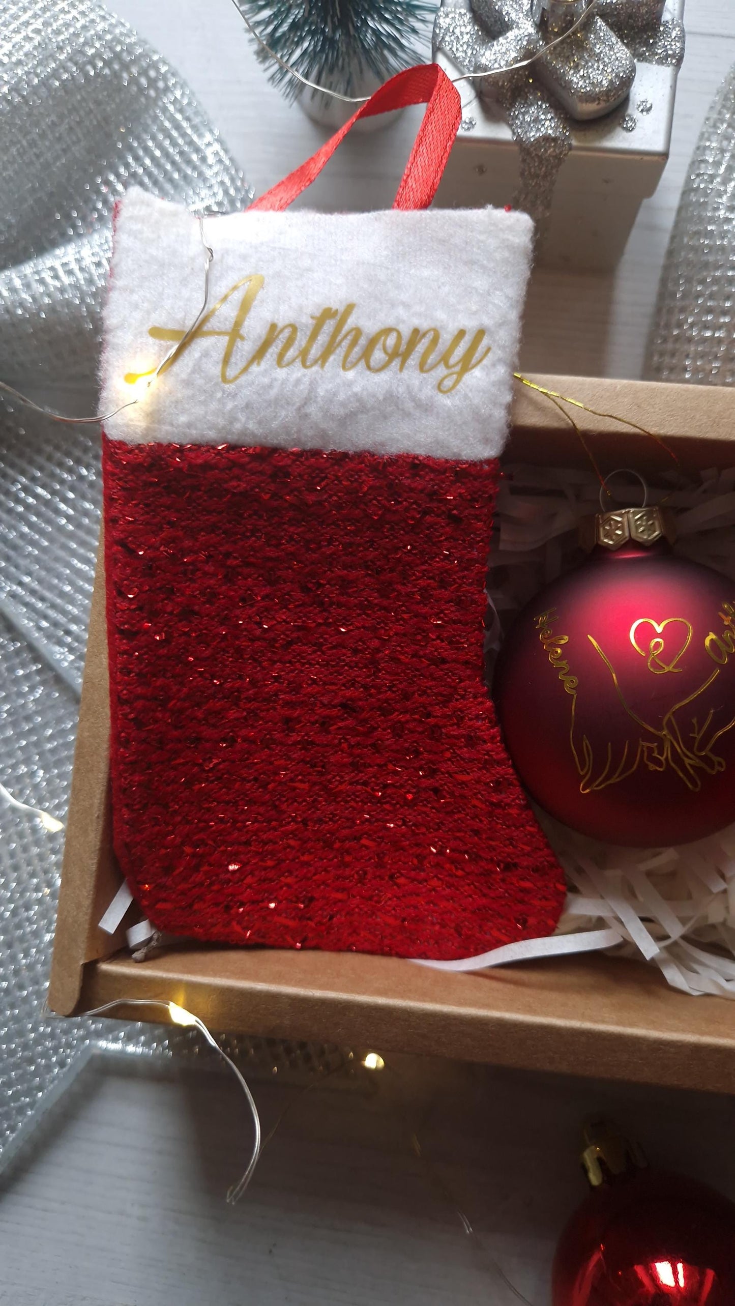 Coffret boule Noël couple personnalisé prénoms décoration sapin Heyl’Créations