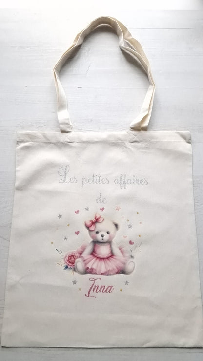 Tote bag personnalisé prénom fille ourson sac enfant coton Heyl’Créations