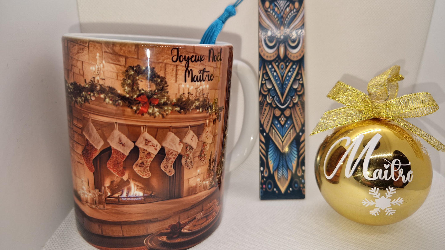 Coffret cadeau Noël maîtresse maître mug boule marque page Heyl’Créations
