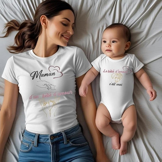 Ensemble assorti maman bébé personnalisé t-shirt body duo naissance Heyl’Créations