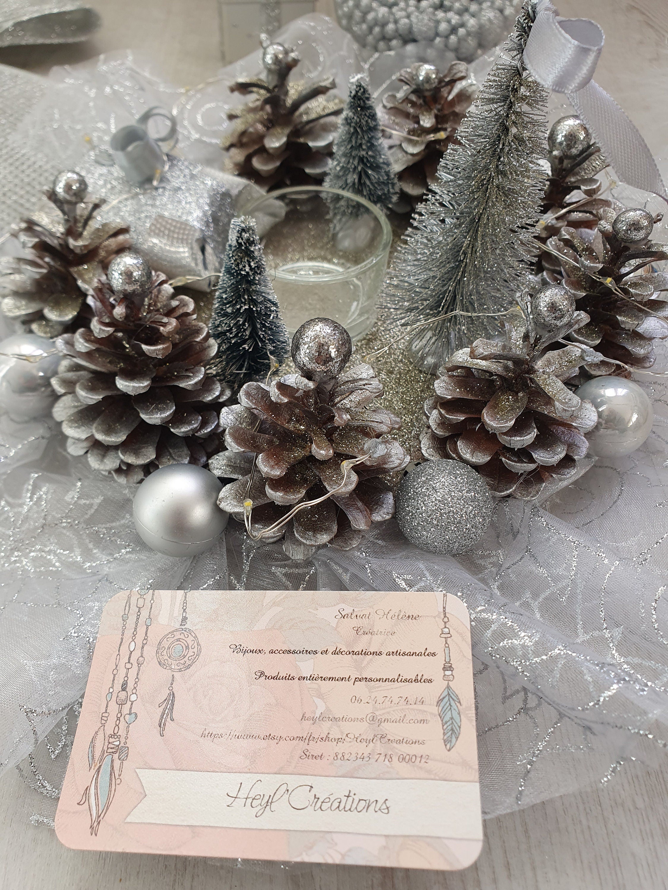 Centre de table couleur gris argenté avec guirlande Led intégrée