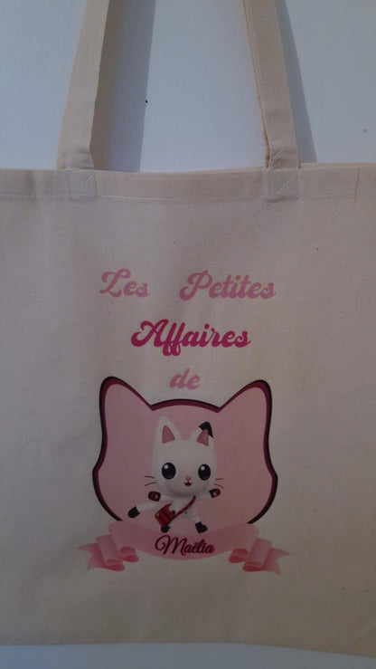 Tote bag prénom enfant chat dessin animé personnalisé Heyl’Créations