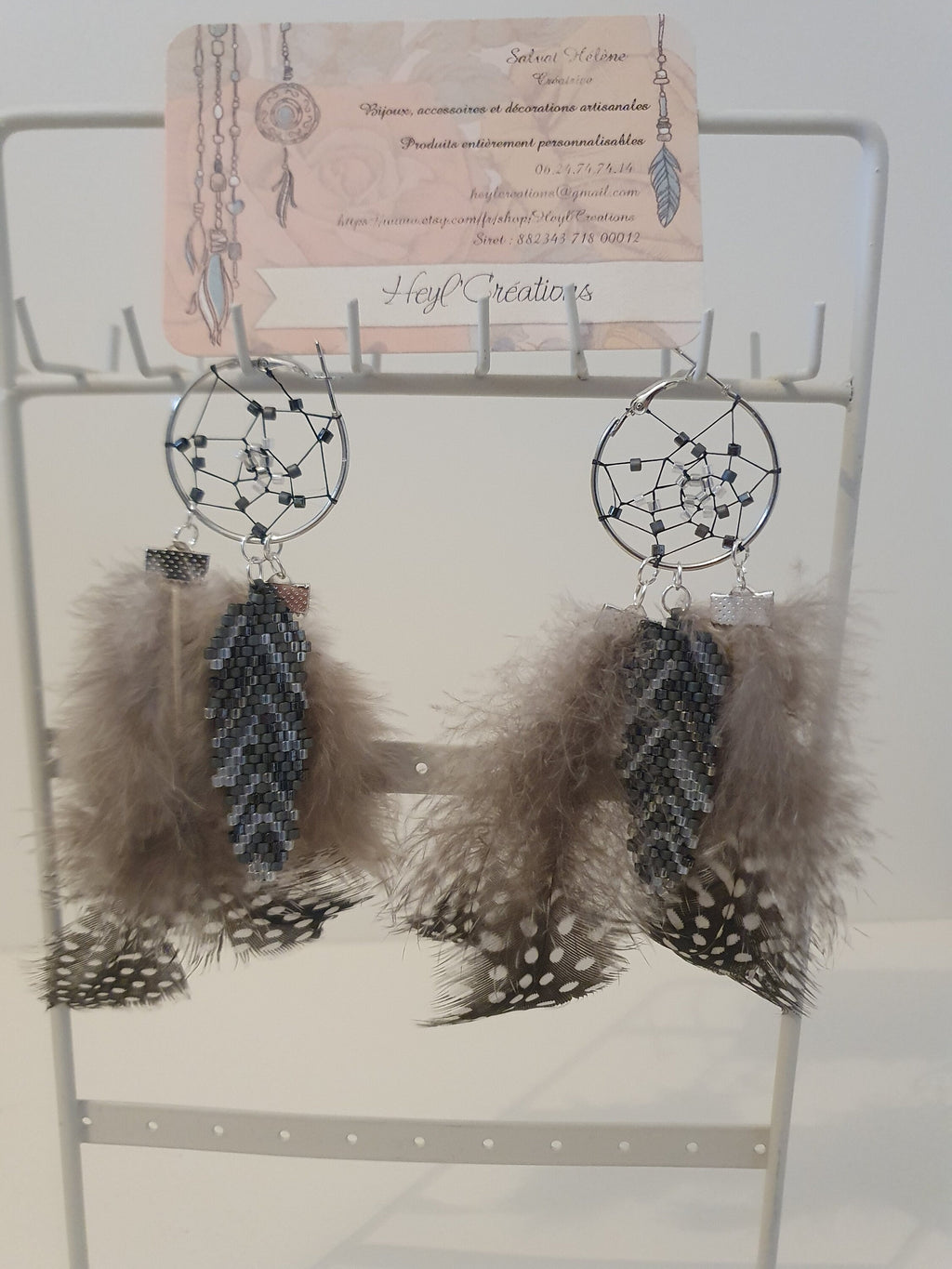 Boucle d'oreille attrape rêve camaïeu naturel /Dream Catcher