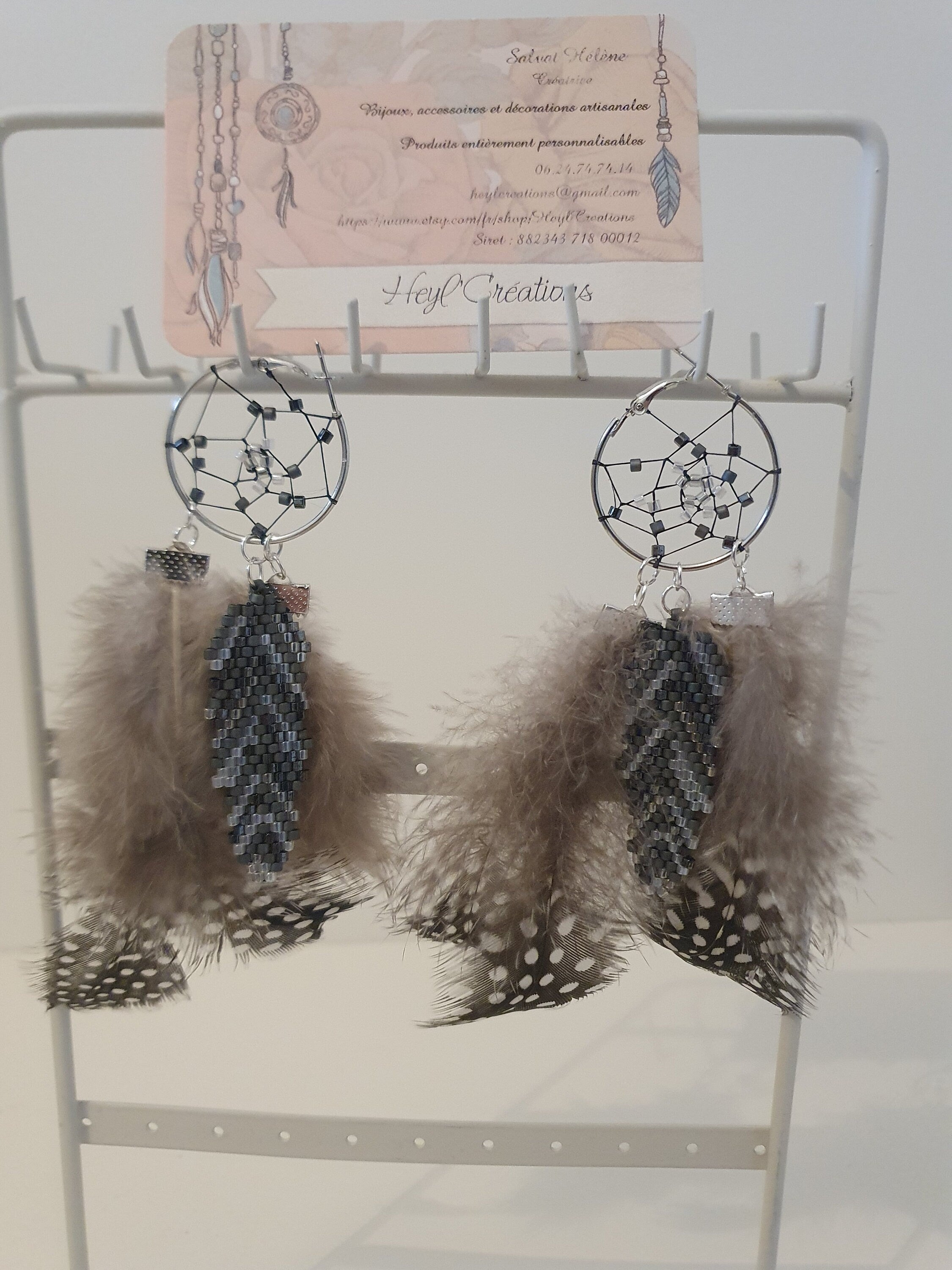 Boucle d'oreille attrape rêve camaïeu naturel /Dream Catcher