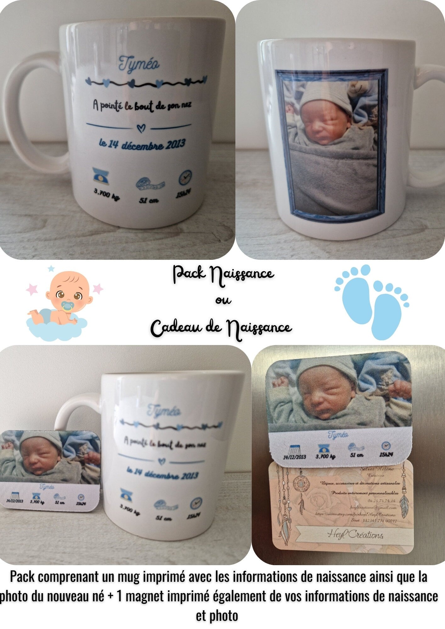Pack naissance personnalisé mug photo bébé magnet souvenir naissance Heyl’Créations