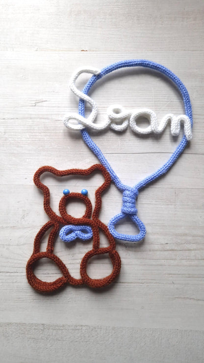 Ourson prénom fil tricoté décoration chambre enfant personnalisée Heyl’Créations