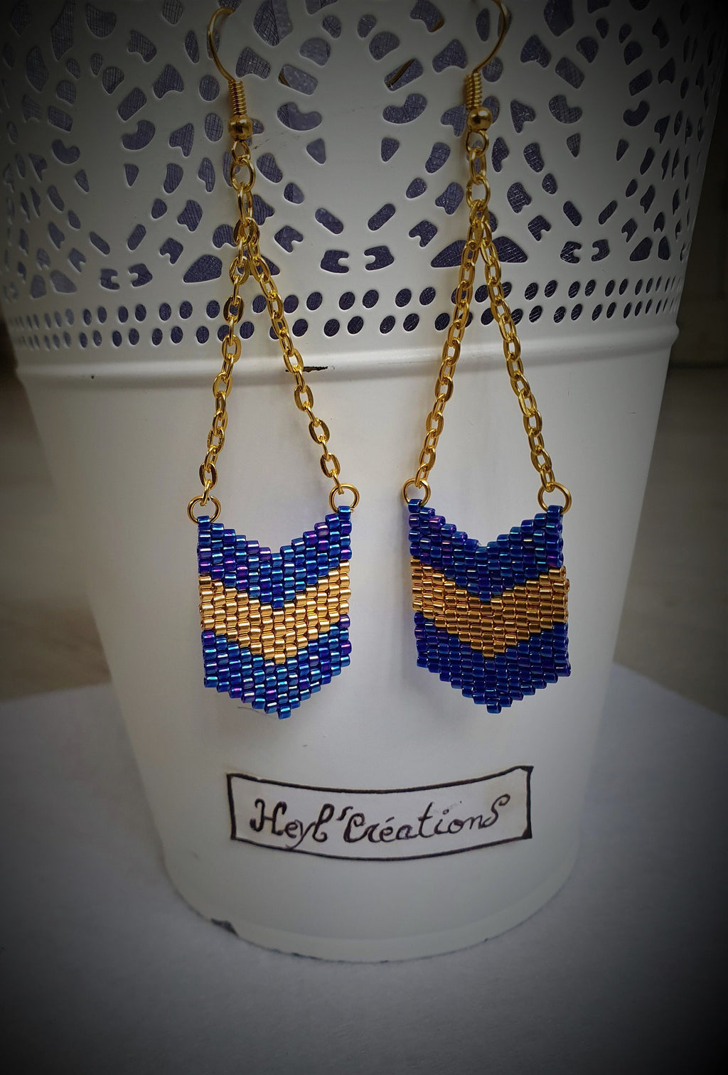 Boucle d'oreille bleu cobalt et or