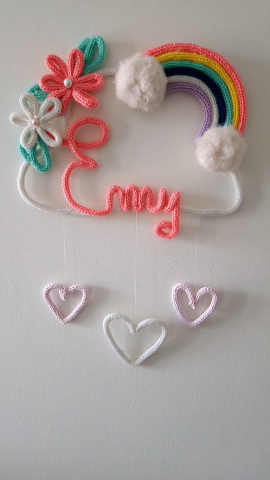 Décoration nuage prénom personnalisé tricotin chambre bébé arc-en-ciel Heyl’Créations
