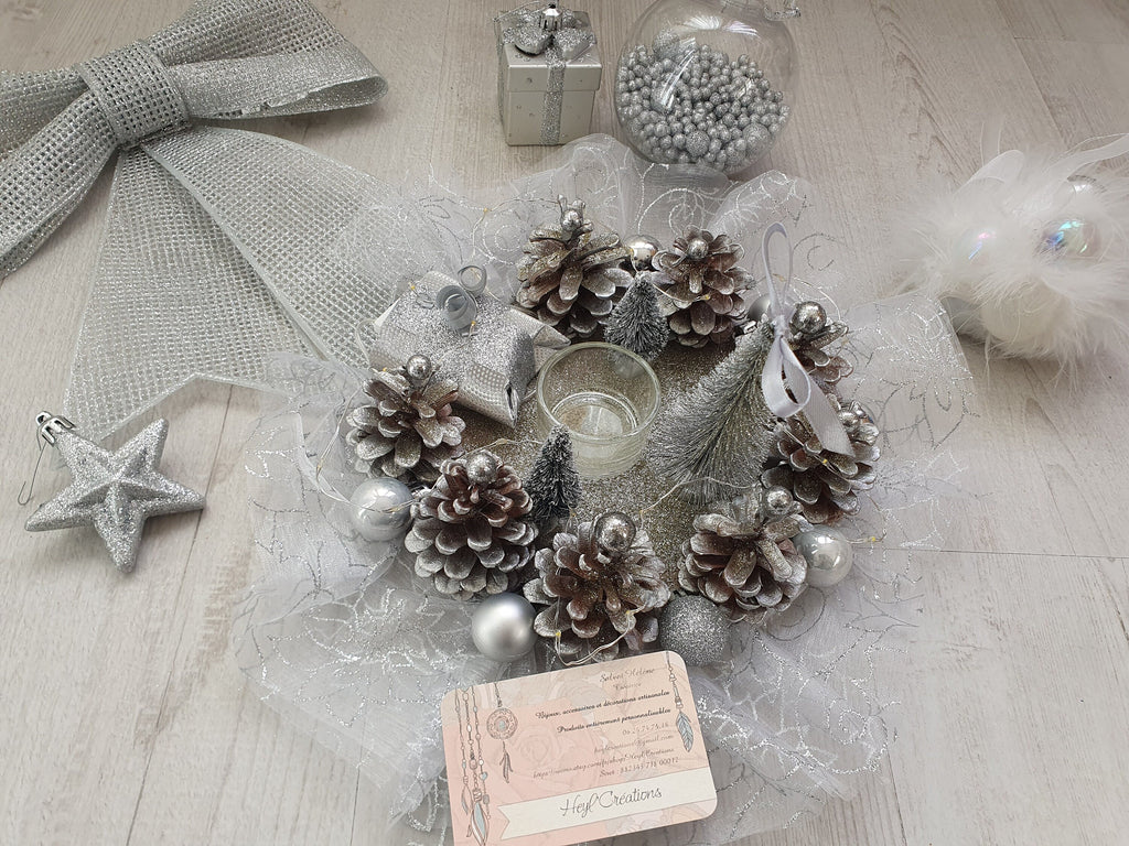 Centre de table couleur gris argenté avec guirlande Led intégrée