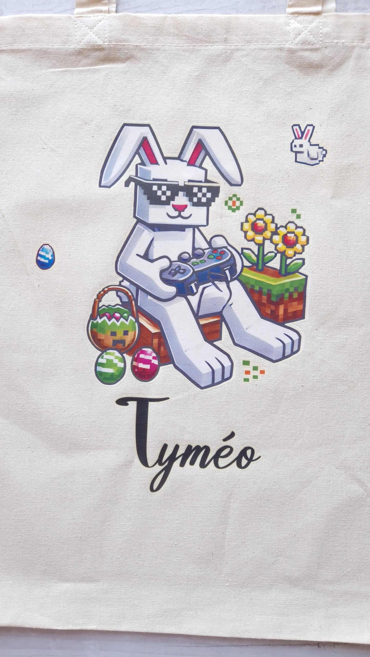 Sac Pâques enfant personnalisé prénom tote bag pixel Heyl’Créations