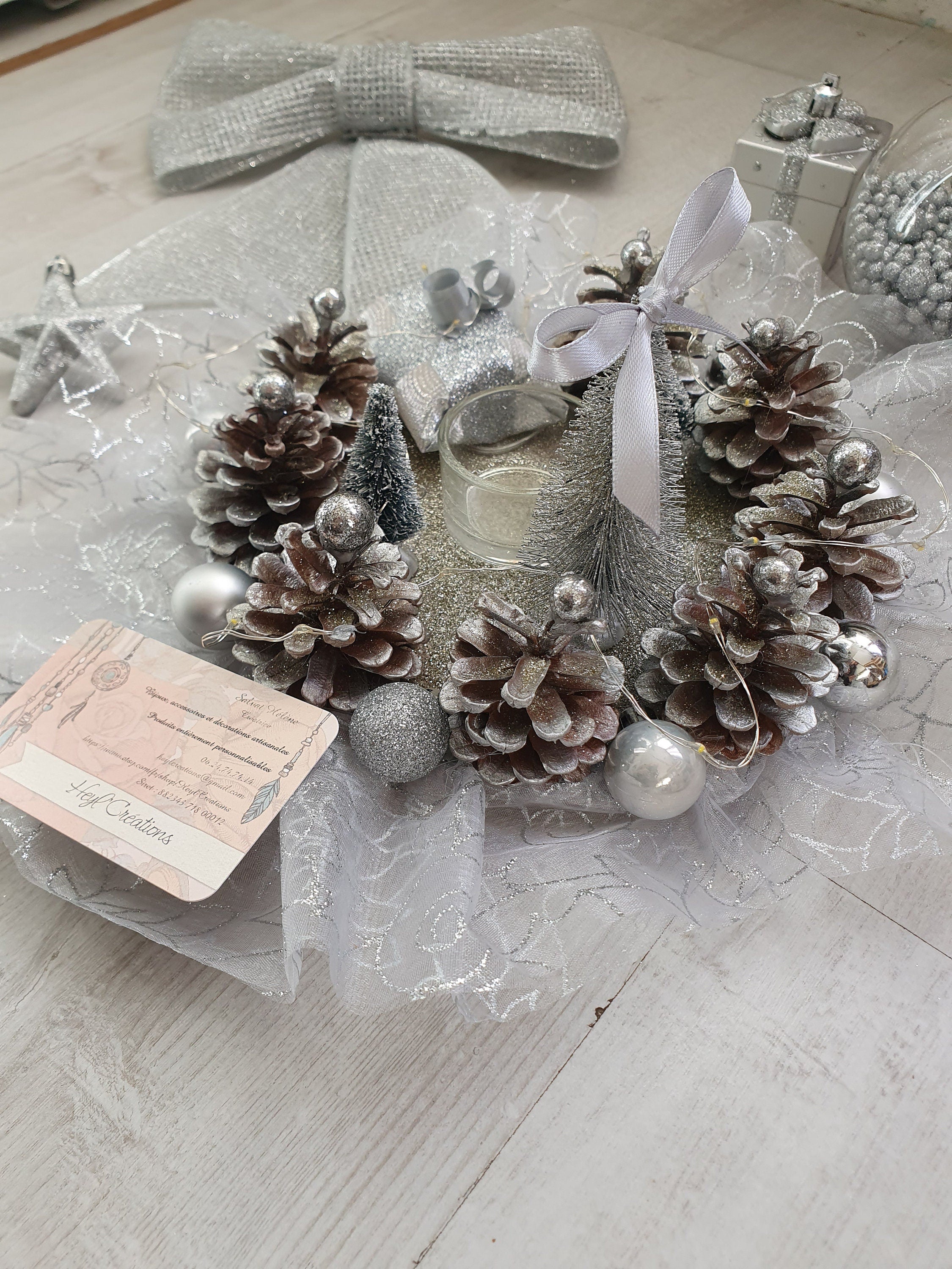 Centre de table couleur gris argenté avec guirlande Led intégrée