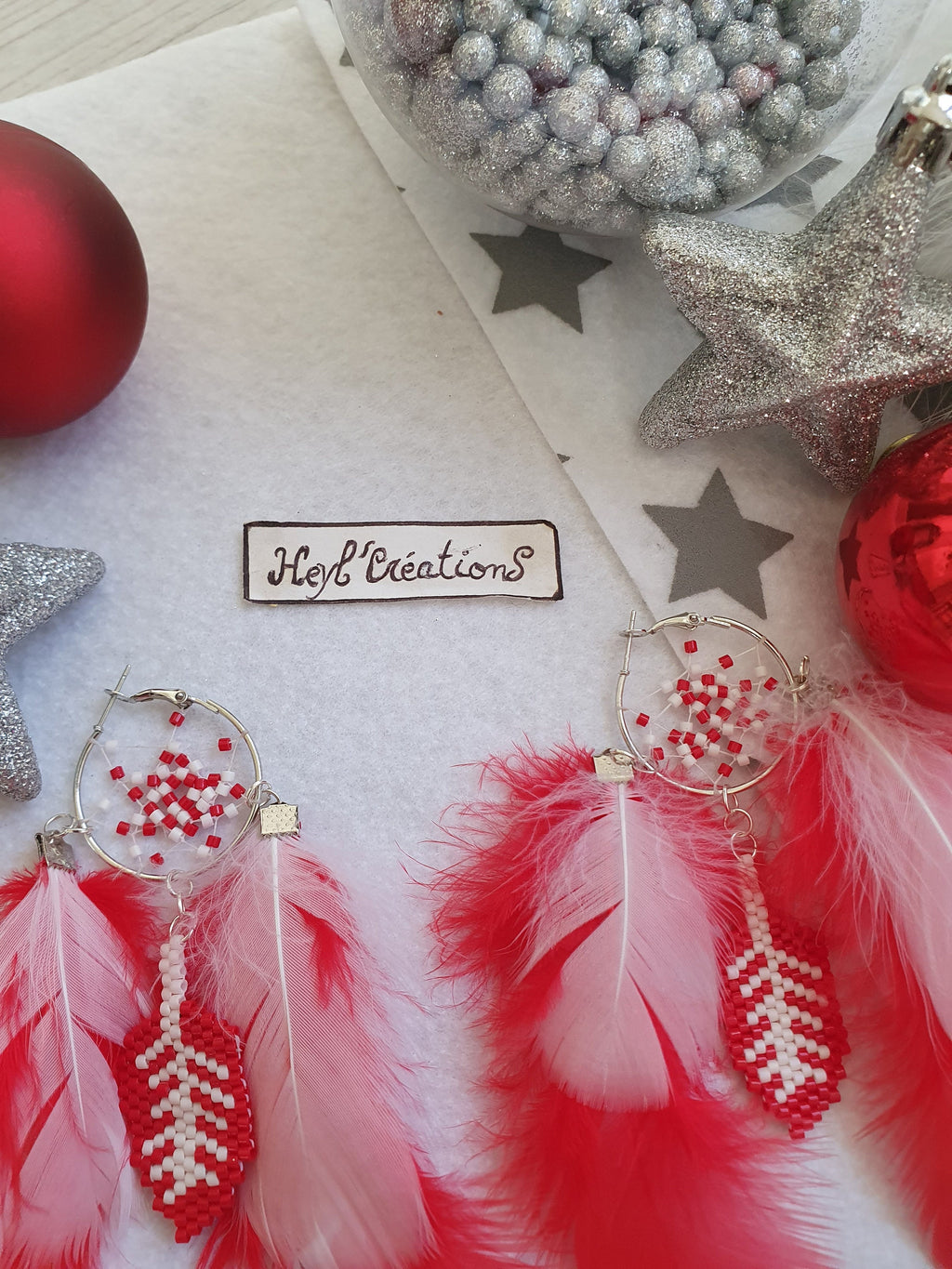 Boucle d'oreille attrape rêve Rouge et Blanche/ Boucle d'oreille de Noel