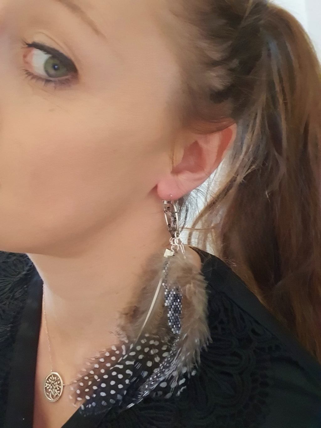 Boucle d'oreille attrape rêve camaïeu naturel /Dream Catcher