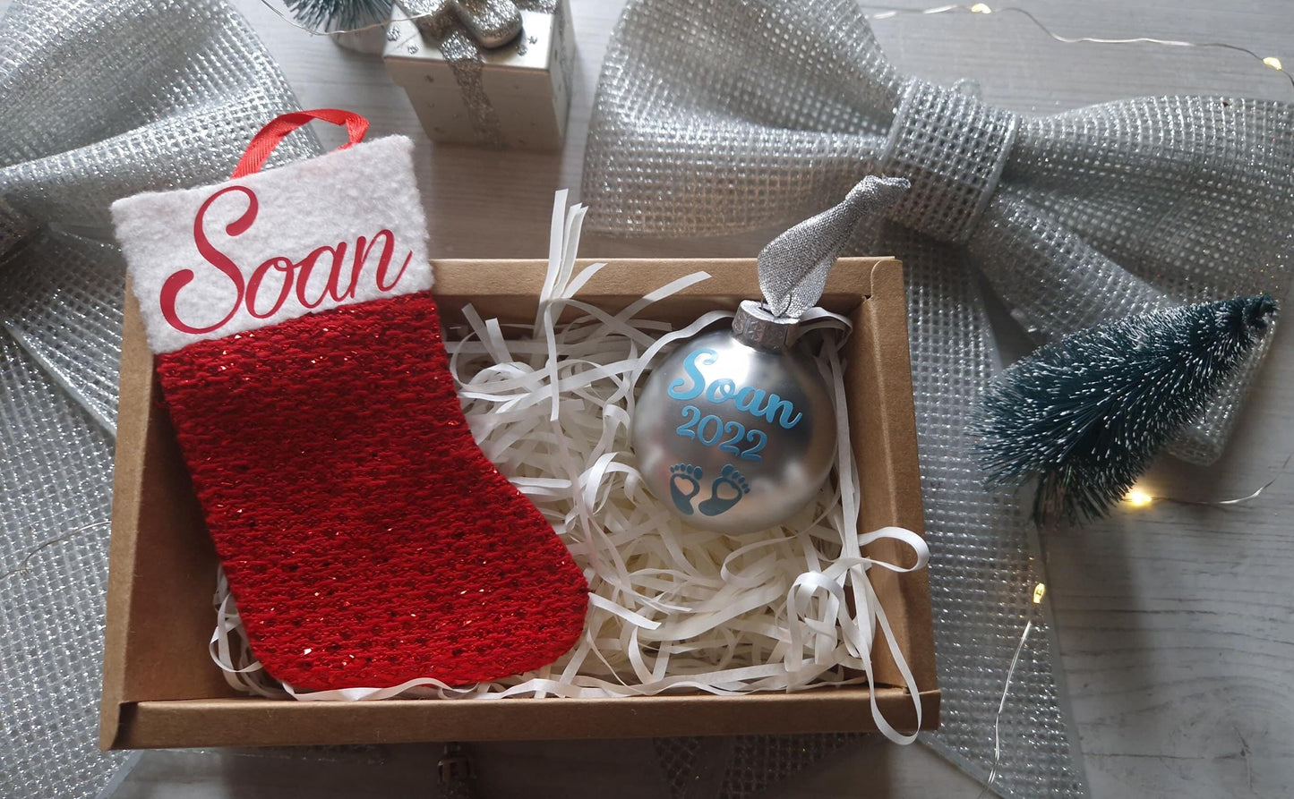 Coffret premier Noël bébé personnalisé boule chaussette Heyl’Créations