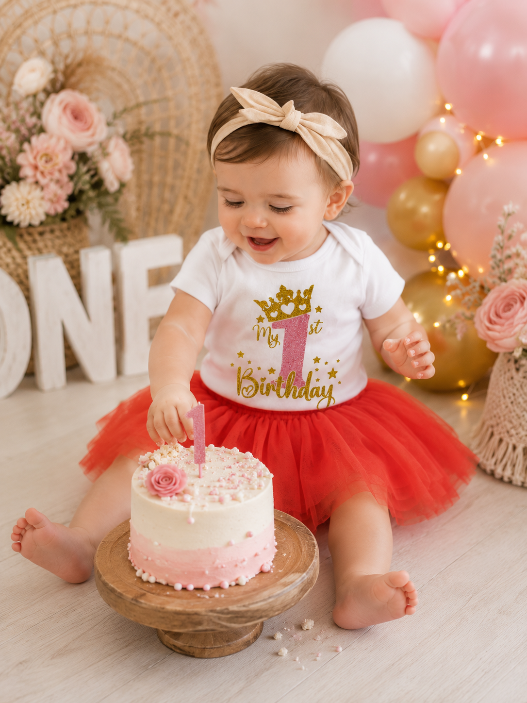 Body bébé My 1st Birthday blanc avec flocage rose et or pailleté, idéal pour un premier anniversaire de petite fille.