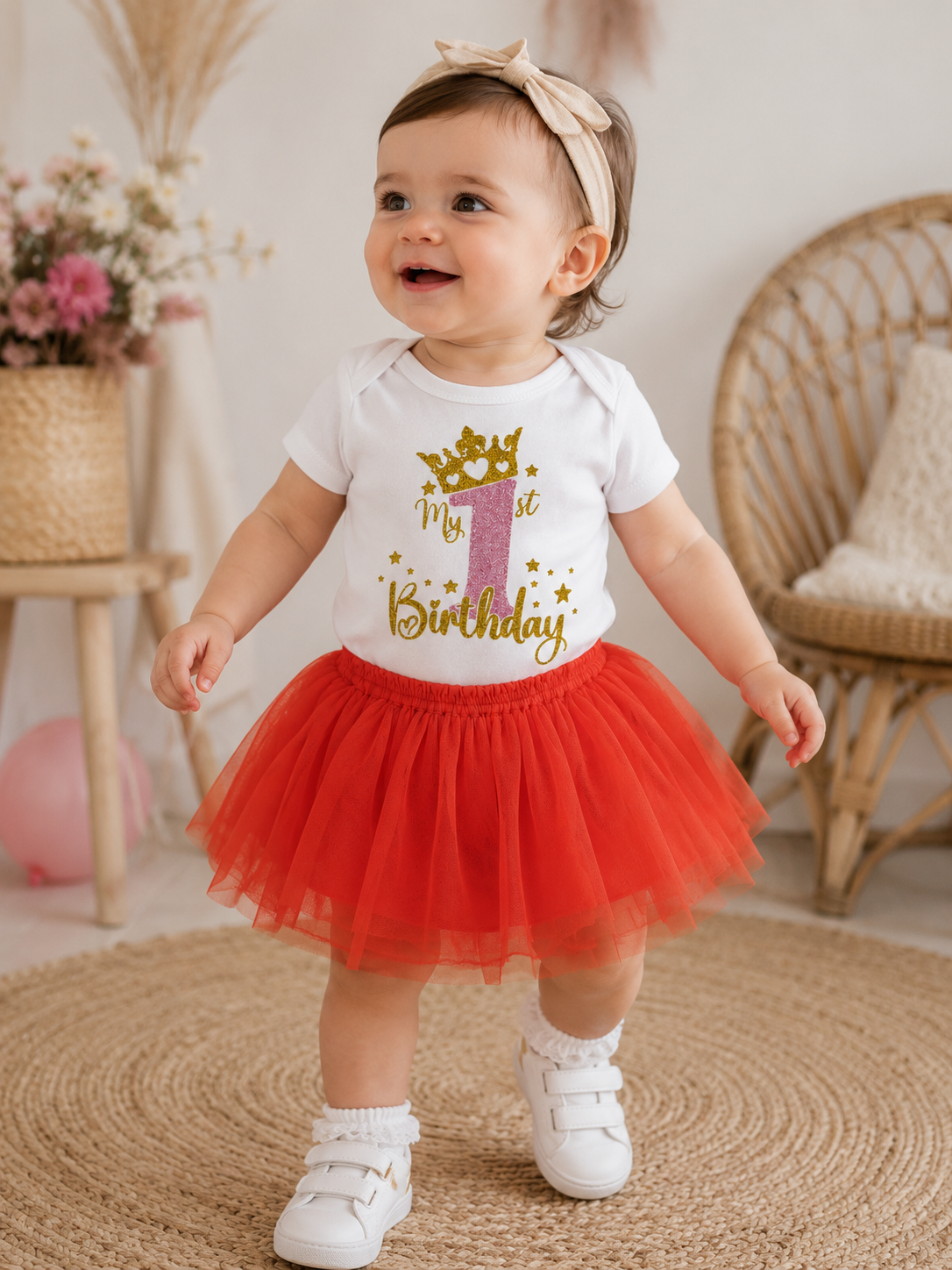Body bébé My 1st Birthday blanc avec flocage rose et or pailleté, idéal pour un premier anniversaire de petite fille.