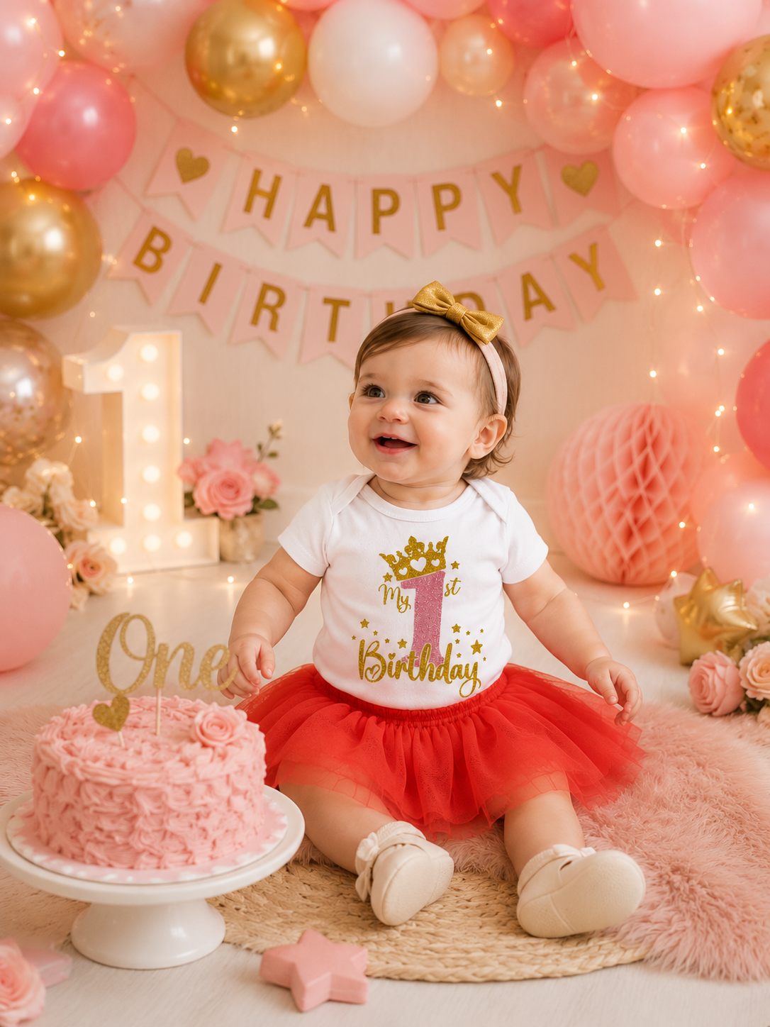 Body bébé My 1st Birthday blanc avec flocage rose et or pailleté, idéal pour un premier anniversaire de petite fille.