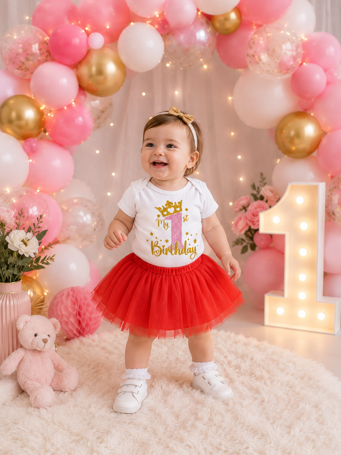 Body bébé My 1st Birthday blanc avec flocage rose et or pailleté, idéal pour un premier anniversaire de petite fille.