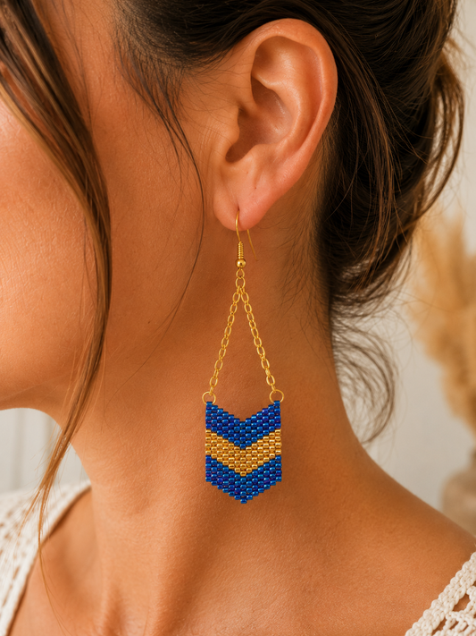 Gros plan sur le tissage artisanal d’une boucle d’oreille en perles Miyuki bleues et dorées.