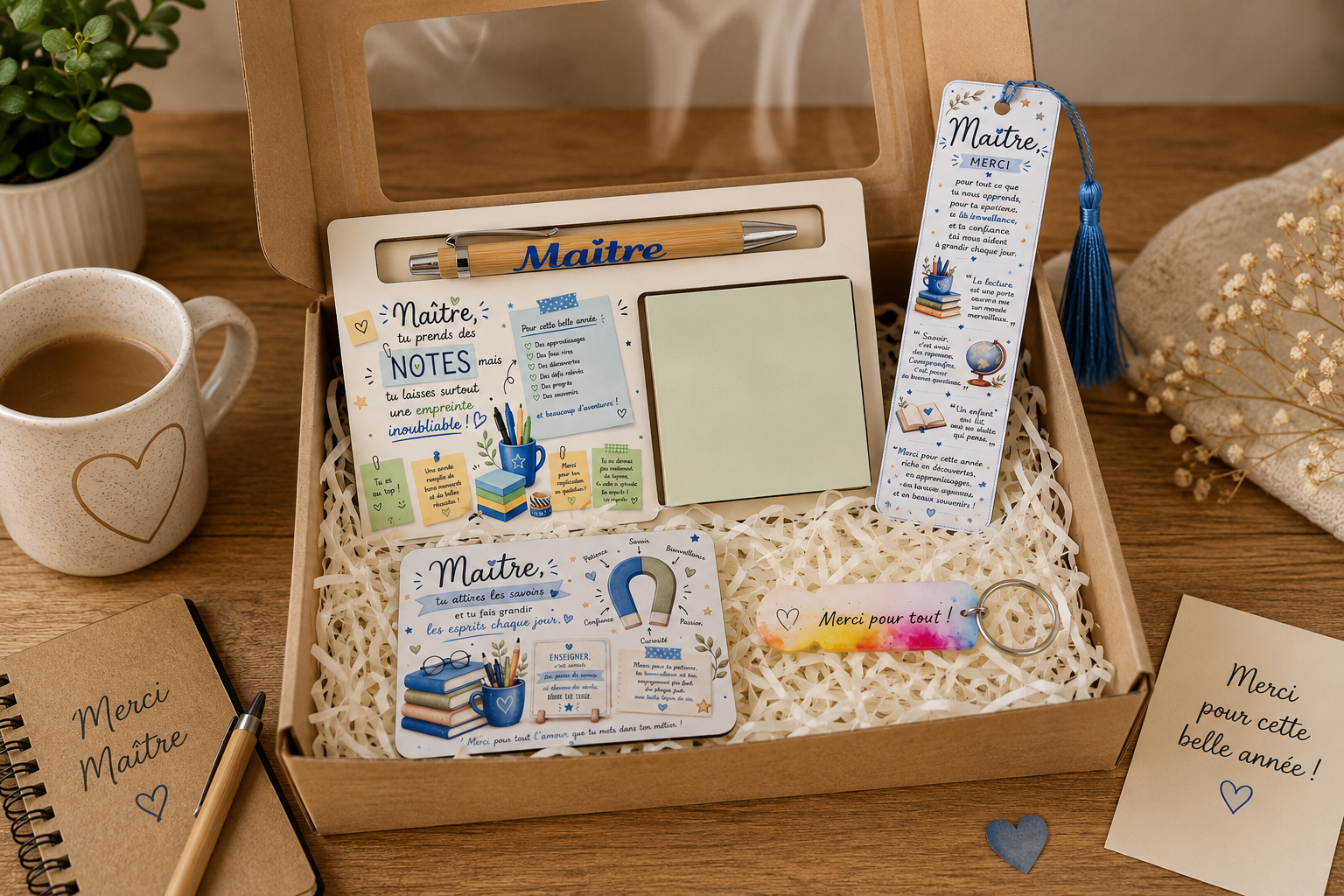 Box cadeau personnalisée pour maître comprenant support bloc-notes avec stylo, marque-page, magnet souvenir et porte-clé jeton de caddie, présentée dans un coffret cadeau prêt à offrir.