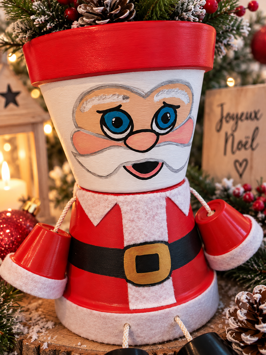 Détail du cache-pot Père Noël peint à la main avec feutrine blanche et pots en terre cuite