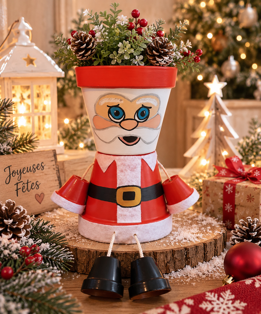 Cache-pot Père Noël fait main présenté dans une décoration de Noël chaleureuse