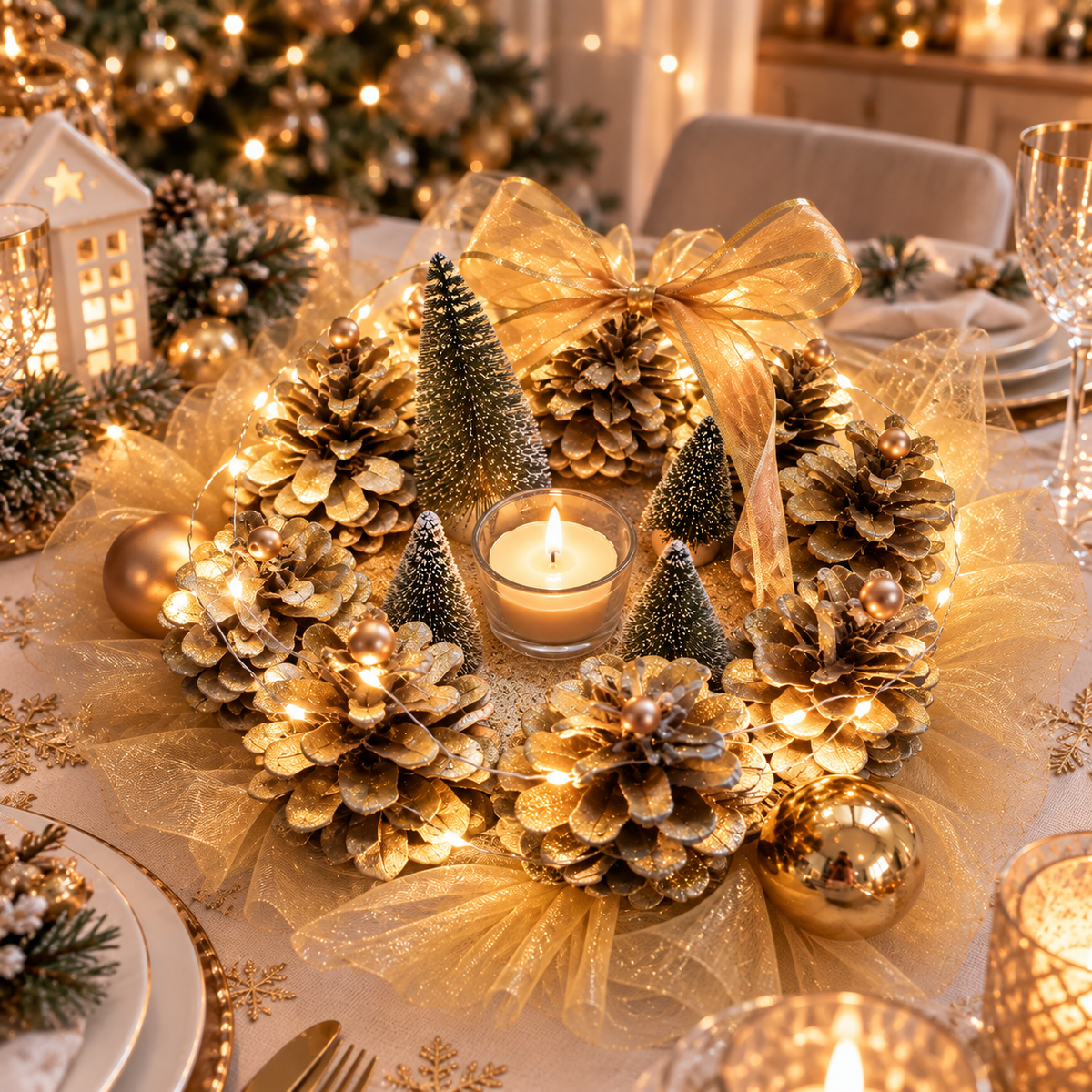 Centre de table de Noël doré fait main avec pommes de pin, tulle, petits sapins et lumières