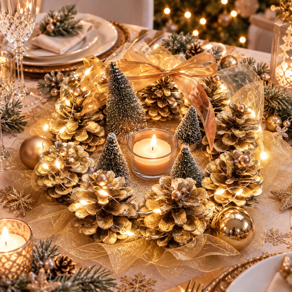 Centre de table de Noël doré lumineux fait main présenté sur une table de fêtes