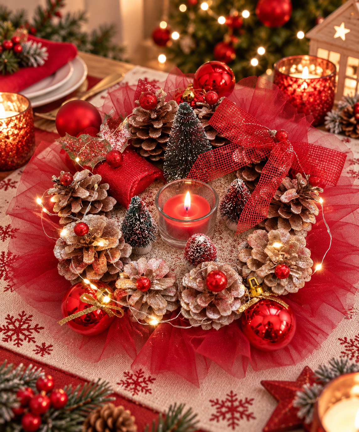 Centre de table de Noël rouge lumineux en décoration sur une table festive
