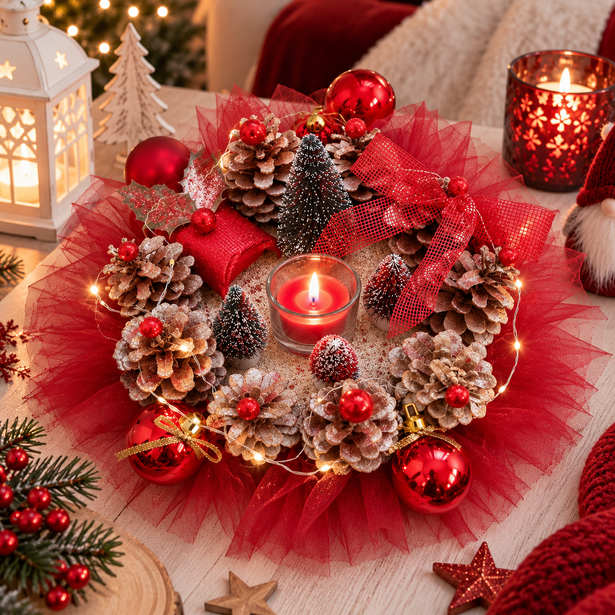 Centre de table de Noël rouge fait main avec pommes de pin, tulle et guirlande lumineuse